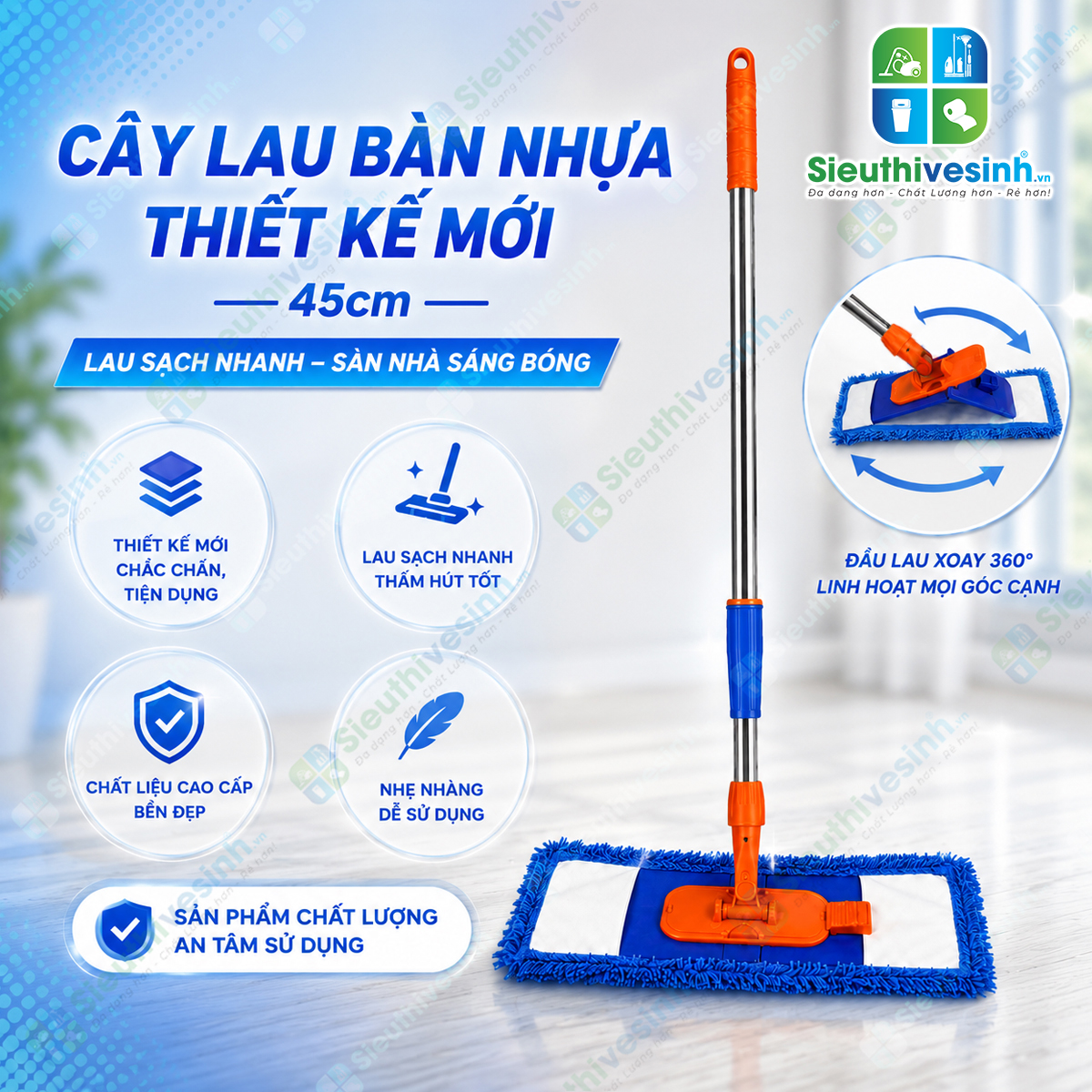 Bộ cây lau san hô 45cm bản nhựa rút kèm miếng lau microfiber siêu thấm hút, giúp lau sàn nhanh sạch và tiết kiệm thời gian vệ sinh.