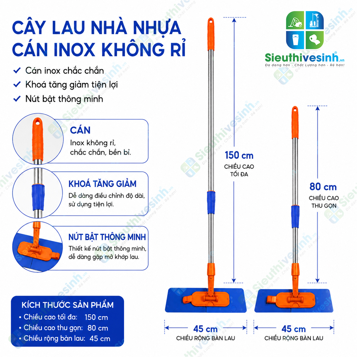 Cây lau san hô 45cm bản nhựa rút với cán inox điều chỉnh từ 80cm đến 150cm, phù hợp cho vệ sinh gia đình và công nghiệp.