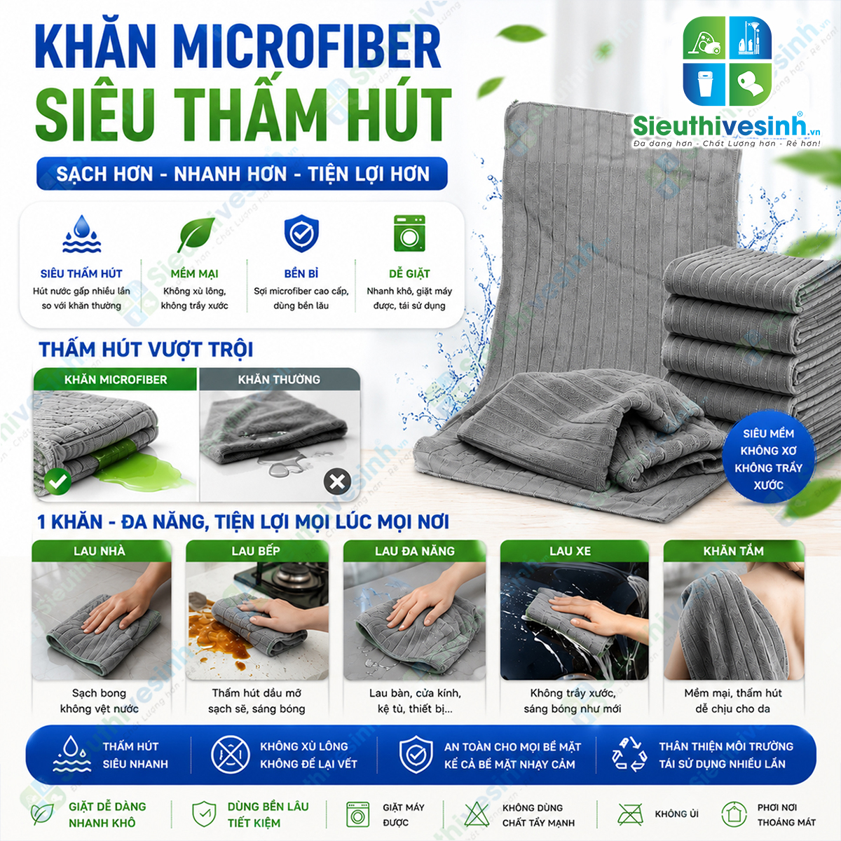 Khăn lau đa năng Microfiber 40x60cm khổ lớn với khả năng thấm hút nước nhanh, không đổ lông, lau sạch hiệu quả trên nhiều bề mặt khác nh