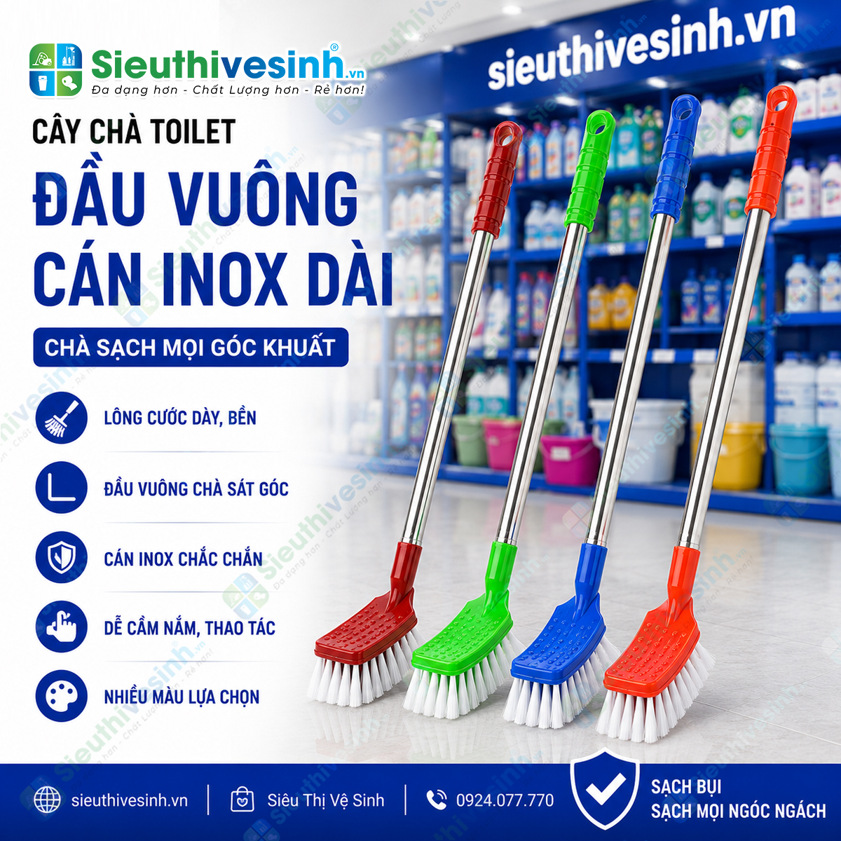 Cây chà toilet tròn cán inox dài với đầu cước bền chắc giúp làm sạch bồn cầu và khu vực vệ sinh nhanh chóng, hiệu quả.
