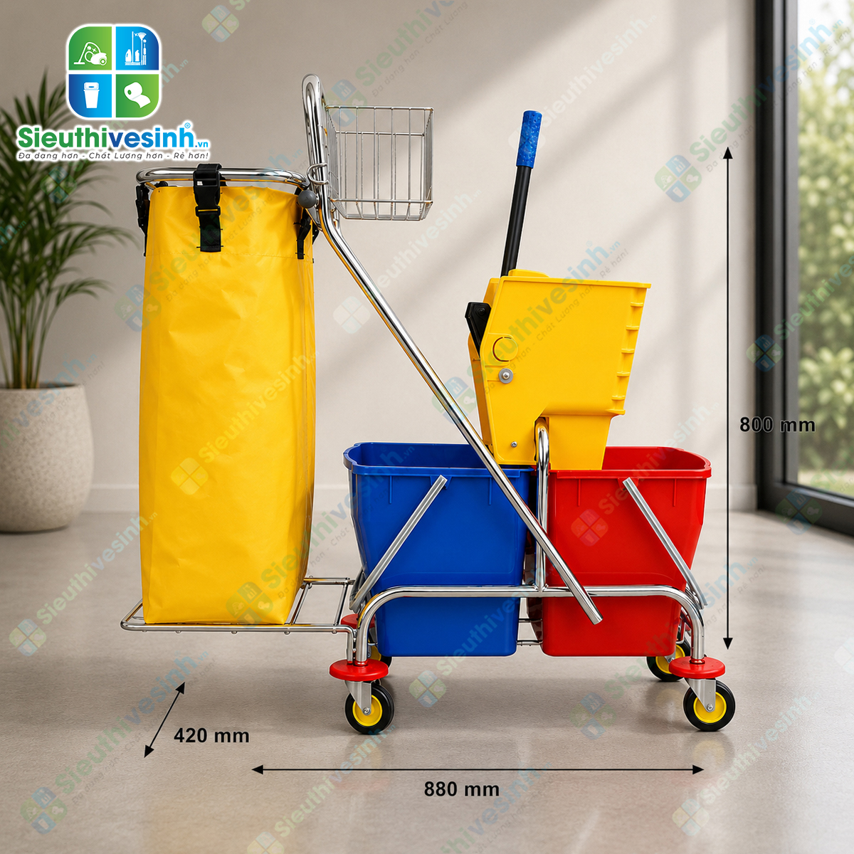 Xe vắt nước 2 ngăn CLEPROX CX-58B tích hợp túi đựng rác lớn, giúp lau sàn và thu gom rác đồng thời, nâng cao hiệu quả vệ sinh chuyên nghiệp.