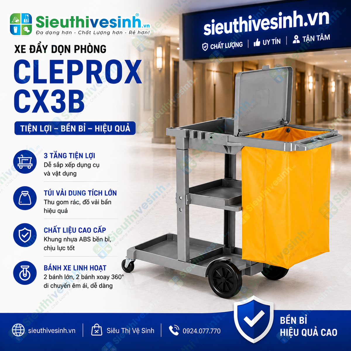 Xe đẩy dọn phòng khách sạn CLEPROX CX3B thiết kế 3 tầng, túi gom rác 68 lít có nắp đậy, giúp tối ưu công việc housekeeping chuyên nghiệp.