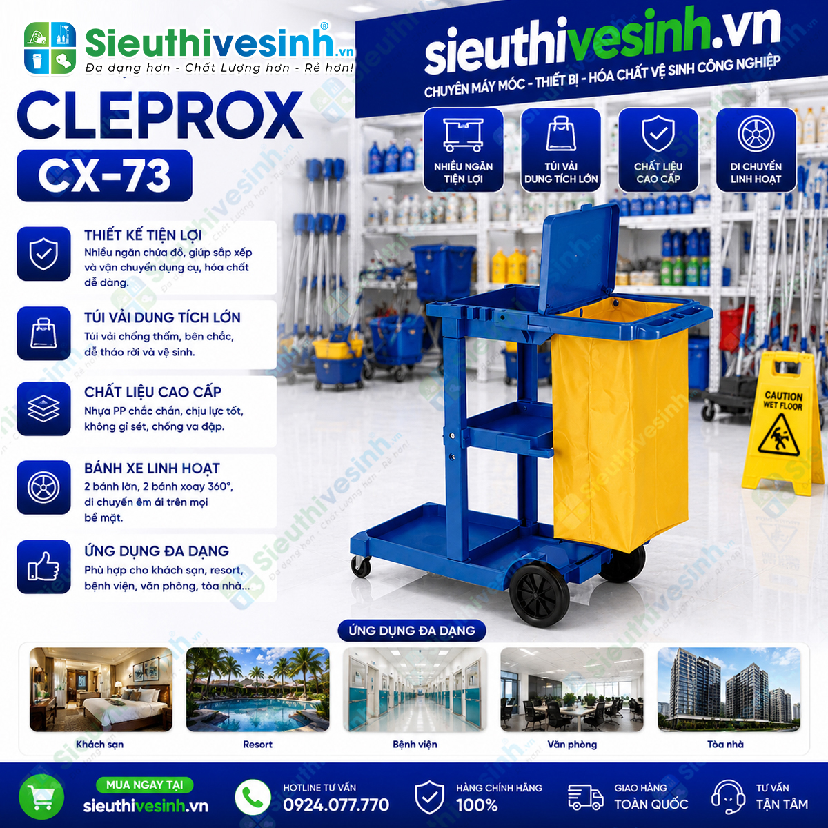 Xe đẩy dọn phòng khách sạn CLEPROX CX-73 thiết kế đa năng với nhiều ngăn chứa đồ và túi gom rác lớn, phù hợp cho công việc housekeeping chuyên nghiệp.