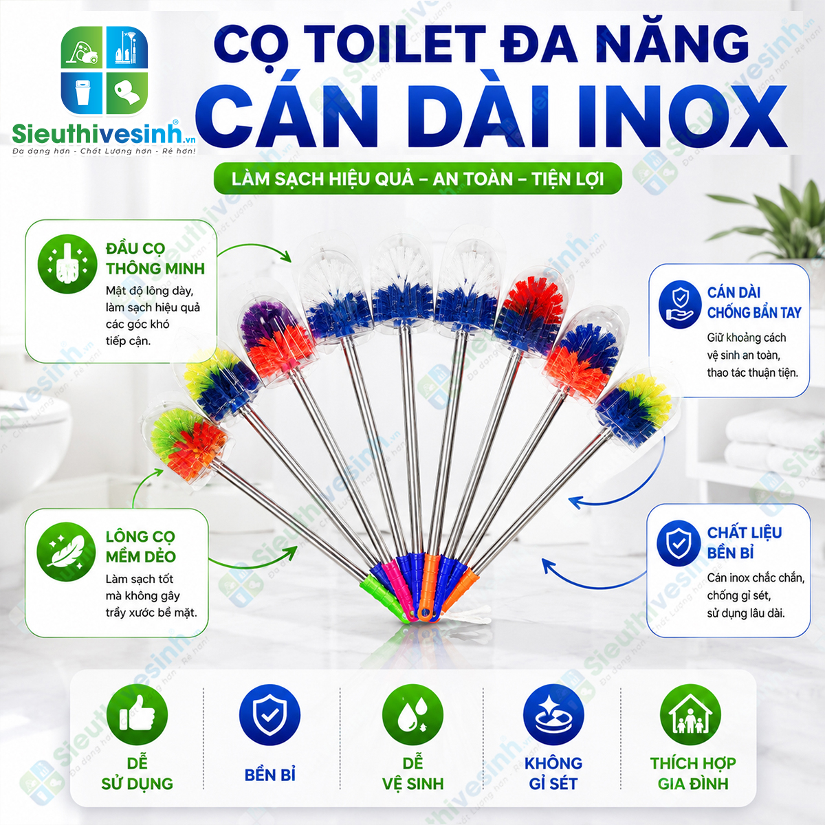 Cây chà toilet tròn cán inox dài với đầu cước bền chắc giúp làm sạch bồn cầu và khu vực vệ sinh nhanh chóng, hiệu quả