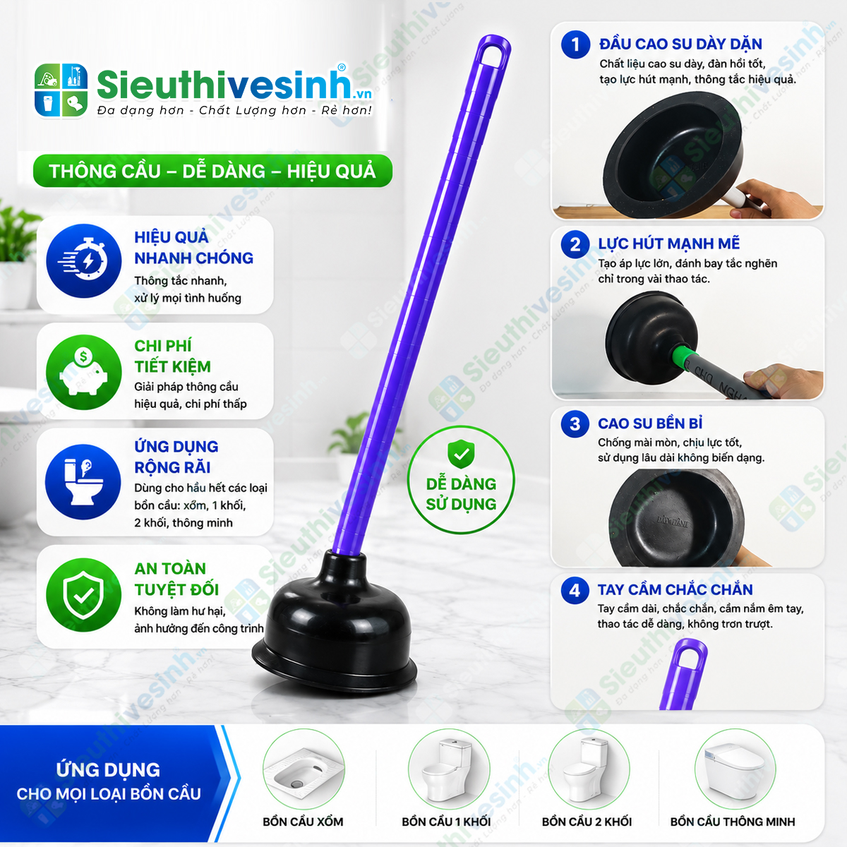 Cây thụt bồn cầu đa năng giúp xử lý nhanh các tình trạng nghẹt bồn cầu, lavabo và đường ống thoát nước mà không cần sử dụng hóa chất.