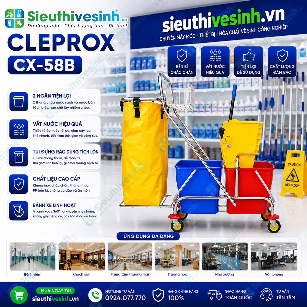 Xe vắt nước 2 ngăn CLEPROX CX-58B tích hợp túi đựng rác lớn, giúp lau sàn và thu gom rác đồng thời, nâng cao hiệu quả vệ sinh chuyên nghiệp.