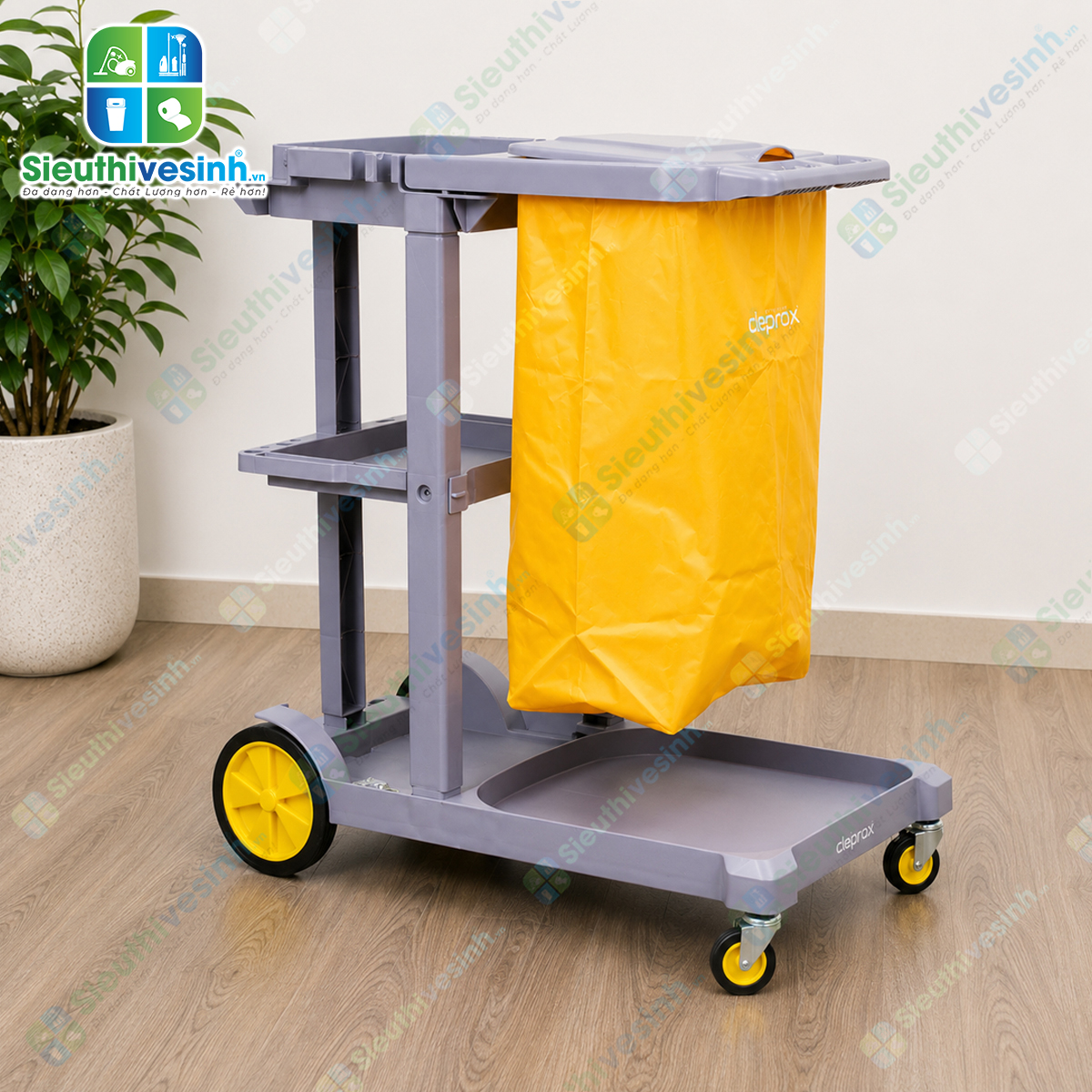 Xe đẩy dọn phòng khách sạn CLEPROX CX3B thiết kế 3 tầng, túi gom rác 68 lít có nắp đậy, giúp tối ưu công việc housekeeping chuyên nghiệp.