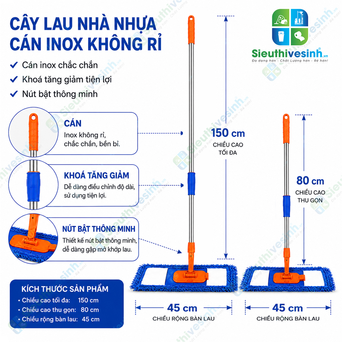 Bộ cây lau san hô 45cm bản nhựa rút kèm miếng lau microfiber siêu thấm hút, giúp lau sàn nhanh sạch và tiết kiệm thời gian vệ sinh.