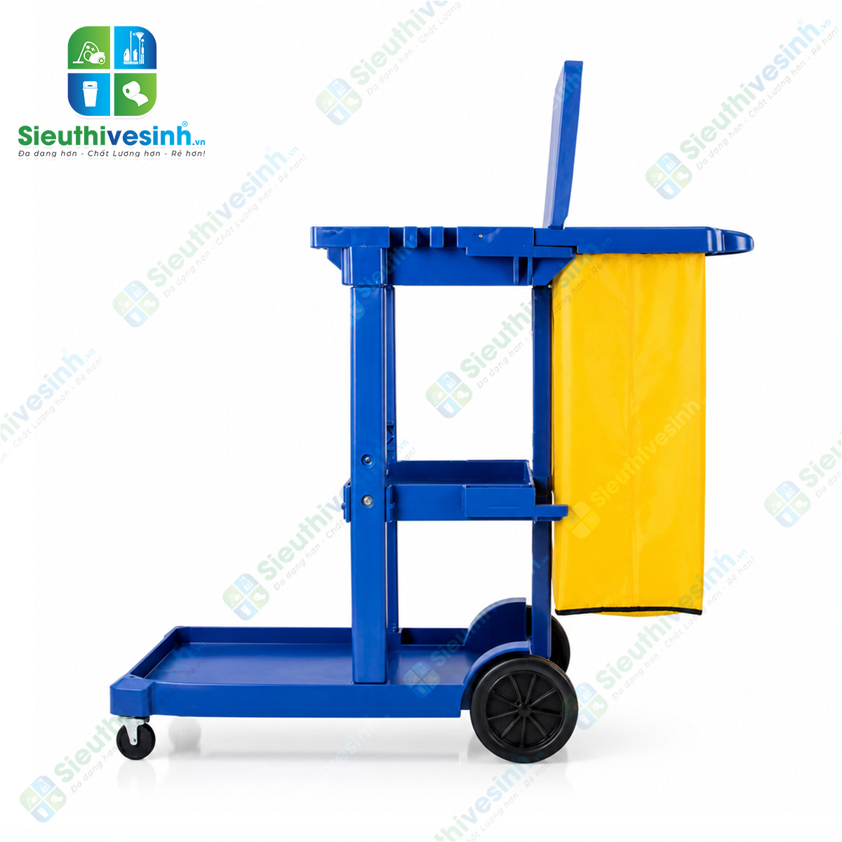 Xe đẩy dọn phòng khách sạn CLEPROX CX-73 thiết kế đa năng với nhiều ngăn chứa đồ và túi gom rác lớn, phù hợp cho công việc housekeeping chuyên nghiệp.