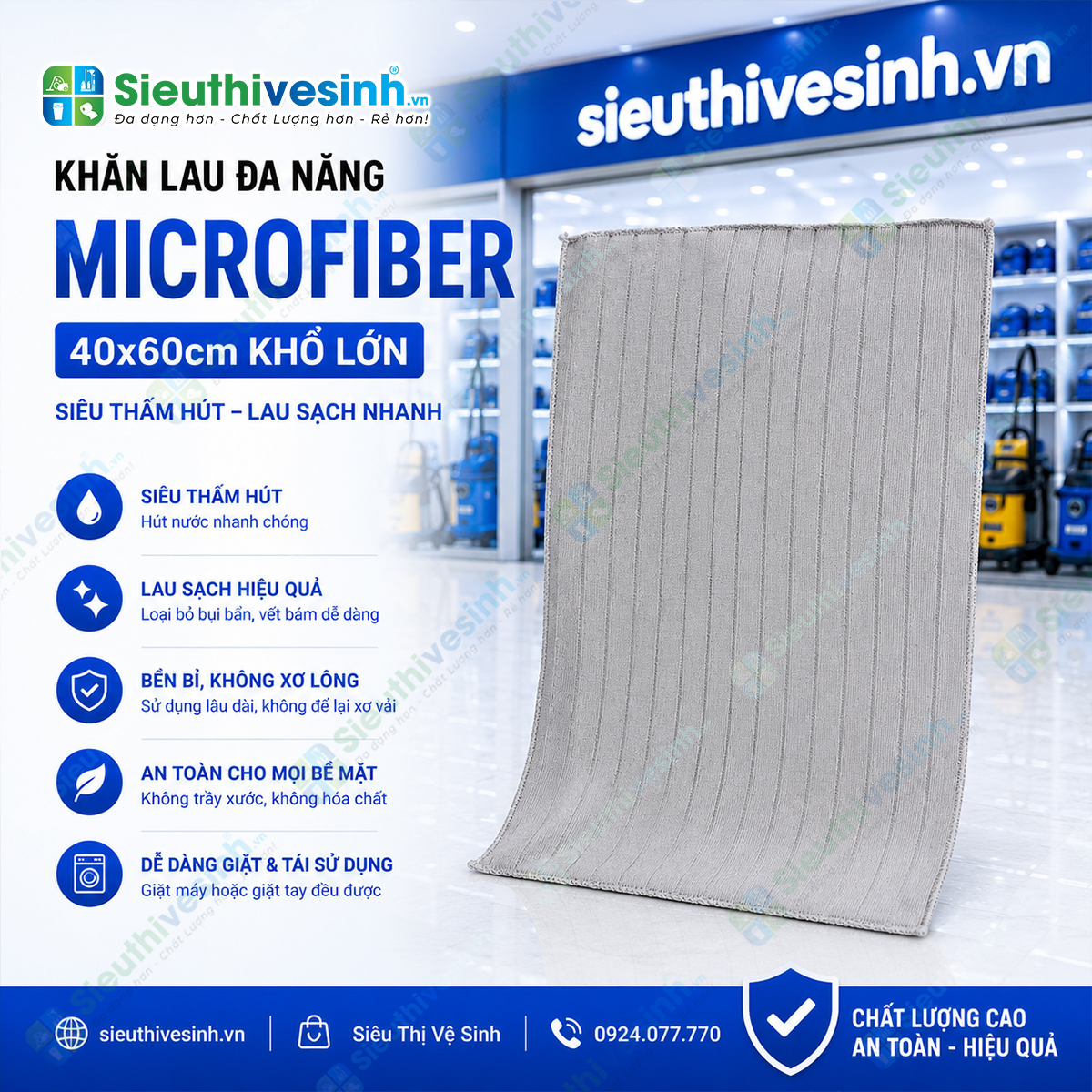 Khăn lau đa năng Microfiber 40x60cm khổ lớn với khả năng thấm hút nước nhanh, không đổ lông, lau sạch hiệu quả trên nhiều bề mặt khác nh
