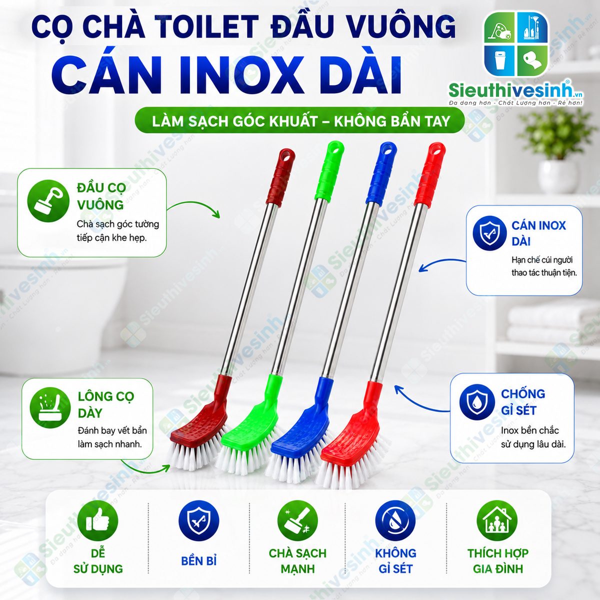 Cây chà toilet tròn cán inox dài với đầu cước bền chắc giúp làm sạch bồn cầu và khu vực vệ sinh nhanh chóng, hiệu quả.