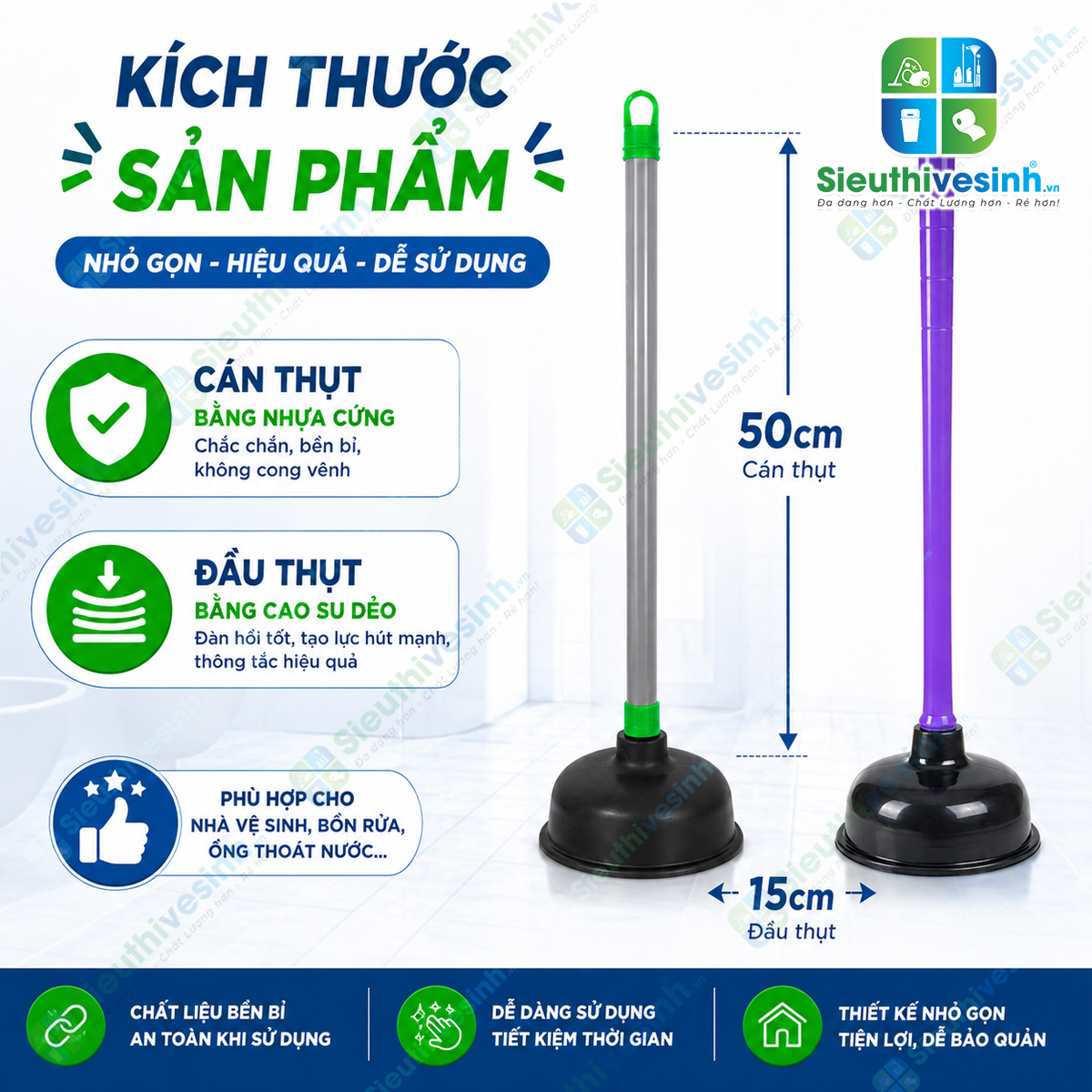 Cây thụt bồn cầu đa năng giúp xử lý nhanh các tình trạng nghẹt bồn cầu, lavabo và đường ống thoát nước mà không cần sử dụng hóa chất.