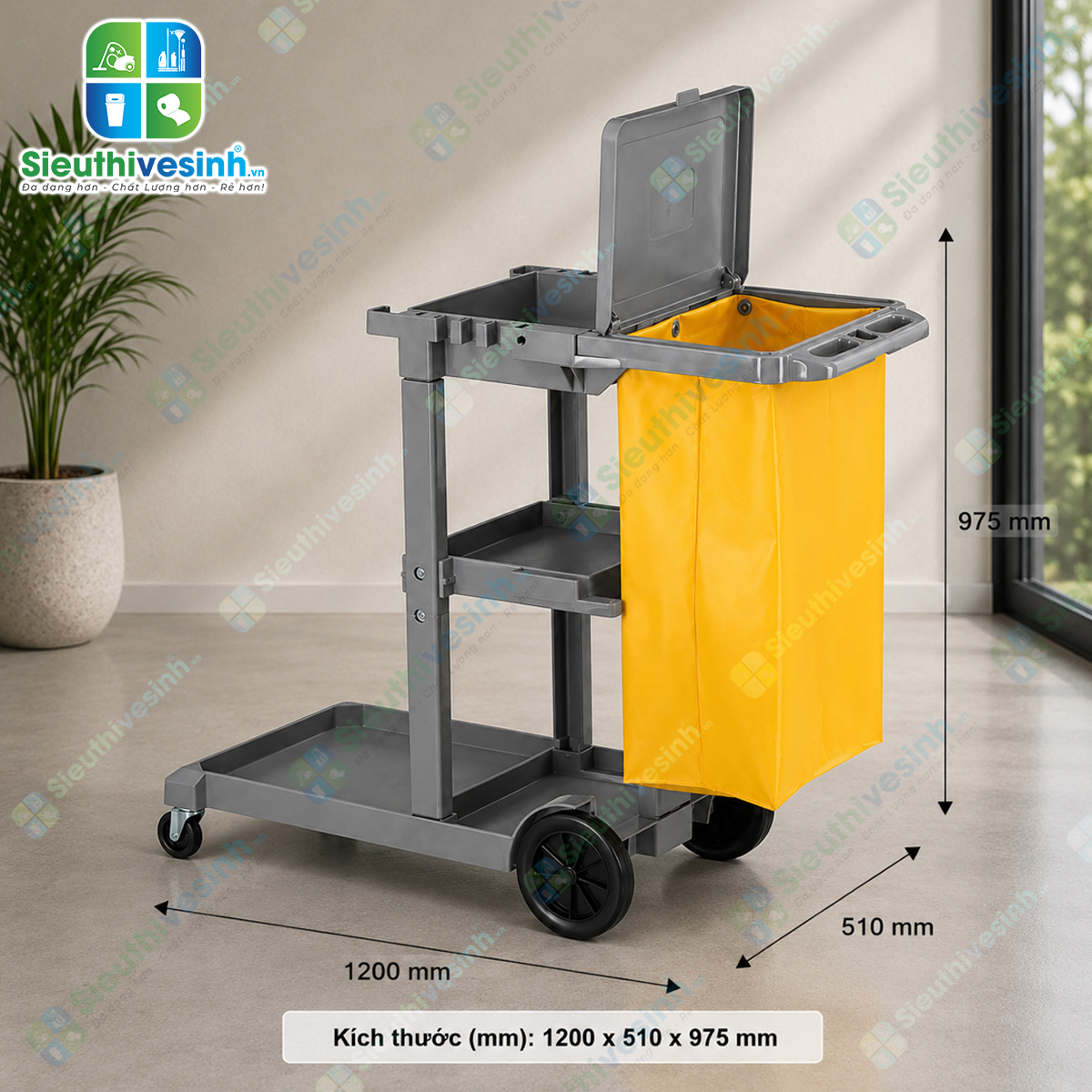 Xe đẩy dọn phòng khách sạn CLEPROX CX3B thiết kế 3 tầng, túi gom rác 68 lít có nắp đậy, giúp tối ưu công việc housekeeping chuyên nghiệp.