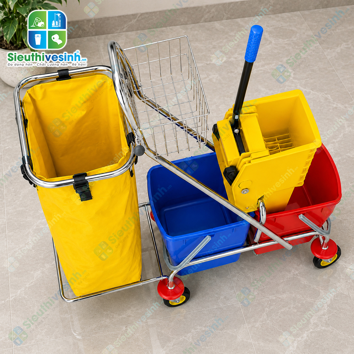 Xe vắt nước 2 ngăn CLEPROX CX-58B tích hợp túi đựng rác lớn, giúp lau sàn và thu gom rác đồng thời, nâng cao hiệu quả vệ sinh chuyên nghiệp.