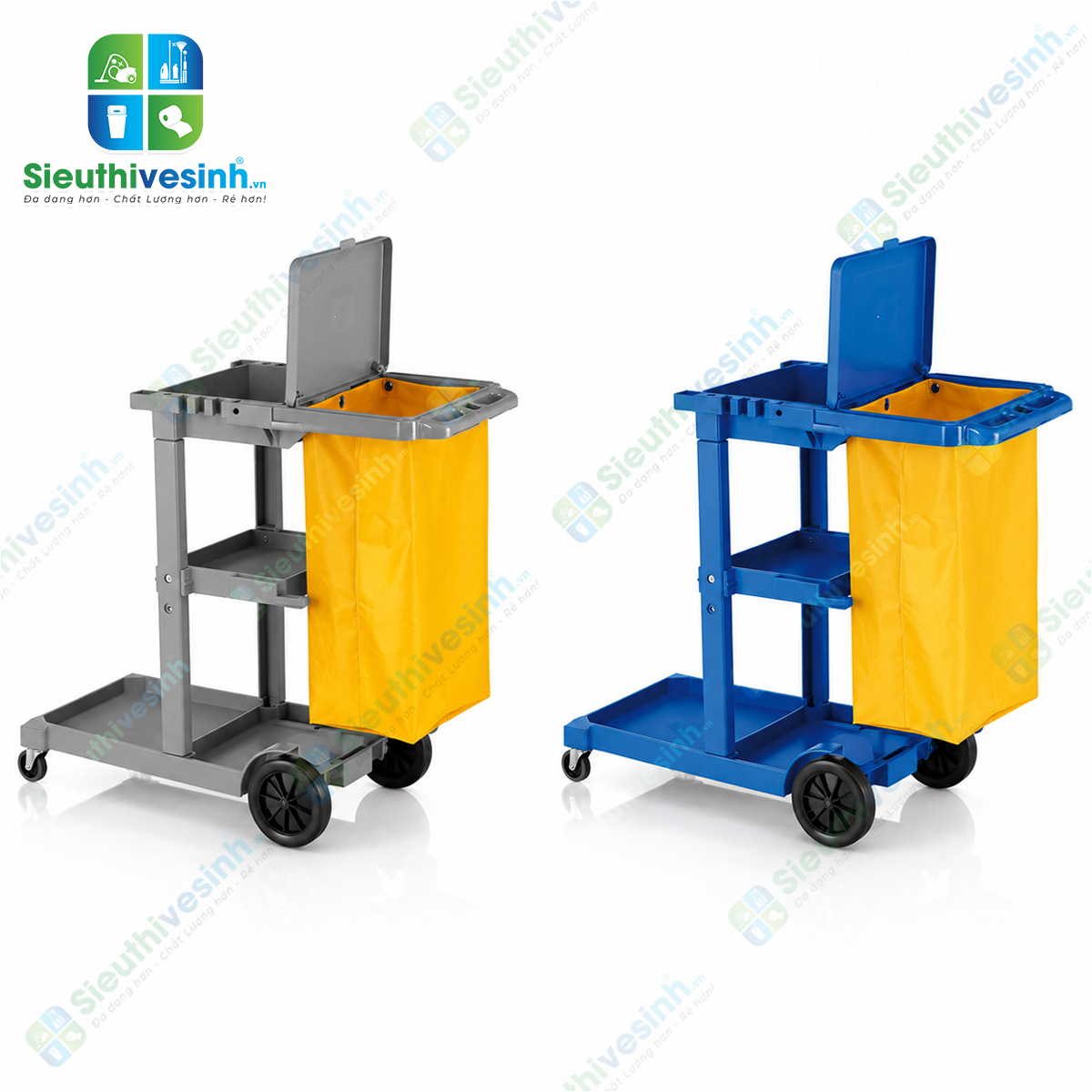 Xe đẩy dọn phòng khách sạn CLEPROX CX-73 thiết kế đa năng với nhiều ngăn chứa đồ và túi gom rác lớn, phù hợp cho công việc housekeeping chuyên nghiệp.