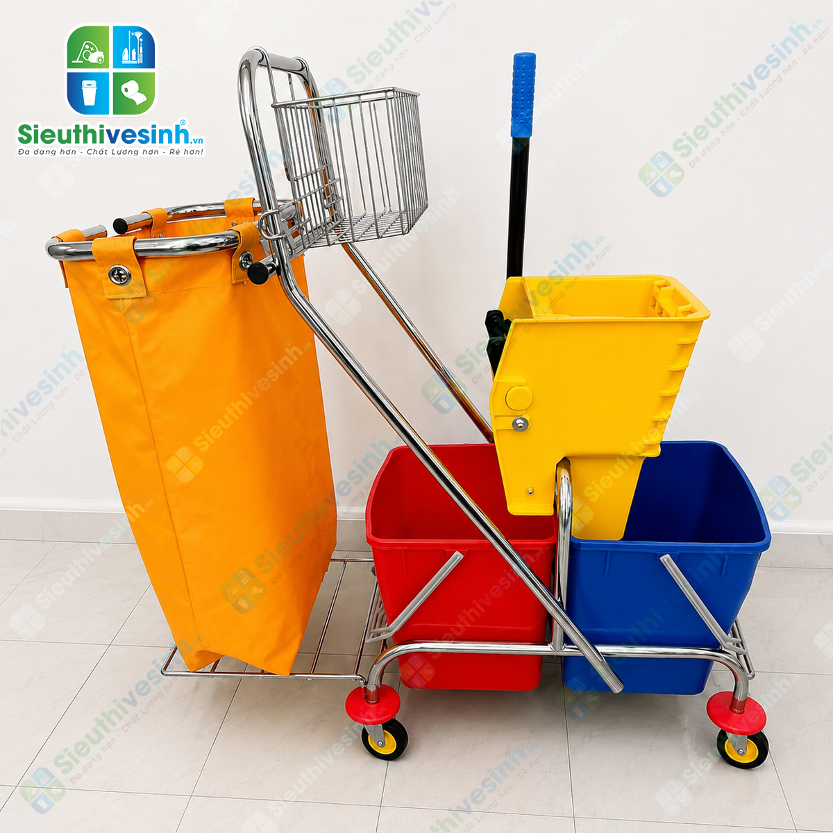 Xe vắt nước 2 ngăn CLEPROX CX-58B tích hợp túi đựng rác lớn, giúp lau sàn và thu gom rác đồng thời, nâng cao hiệu quả vệ sinh chuyên nghiệp.