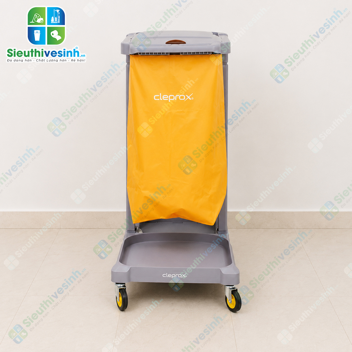 Xe đẩy dọn phòng khách sạn CLEPROX CX3B thiết kế 3 tầng, túi gom rác 68 lít có nắp đậy, giúp tối ưu công việc housekeeping chuyên nghiệp.