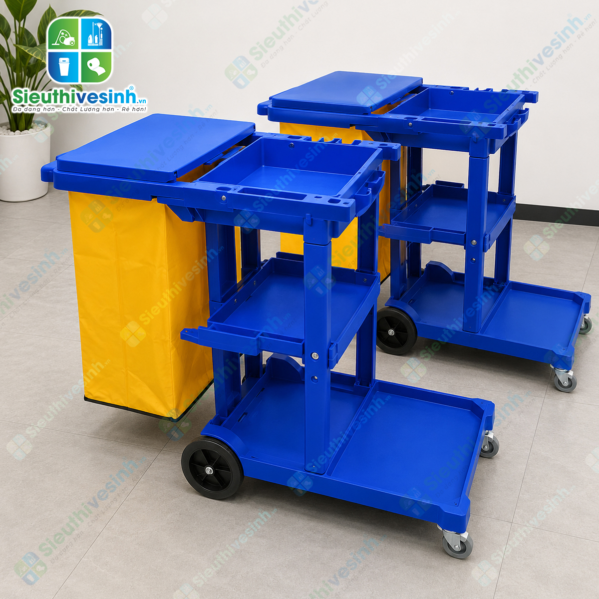 Xe đẩy dọn phòng khách sạn CLEPROX CX-73 thiết kế đa năng với nhiều ngăn chứa đồ và túi gom rác lớn, phù hợp cho công việc housekeeping chuyên nghiệp.