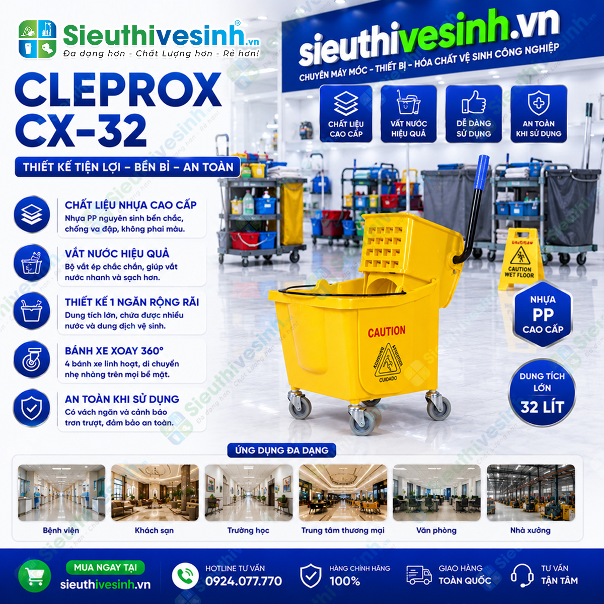 Xe đẩy vắt cây lau nhà CLEPROX CX-32 dung tích 32 lít, nhựa ABS cao cấp, bộ ép nước chắc chắn, phù hợp cho vệ sinh công nghiệp và thương mại.