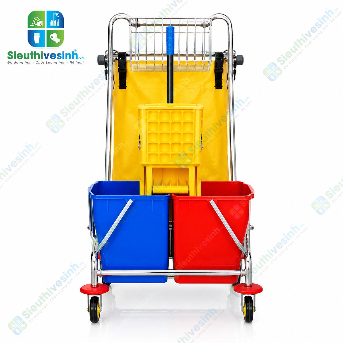 Xe vắt nước 2 ngăn CLEPROX CX-58B tích hợp túi đựng rác lớn, giúp lau sàn và thu gom rác đồng thời, nâng cao hiệu quả vệ sinh chuyên nghiệp.