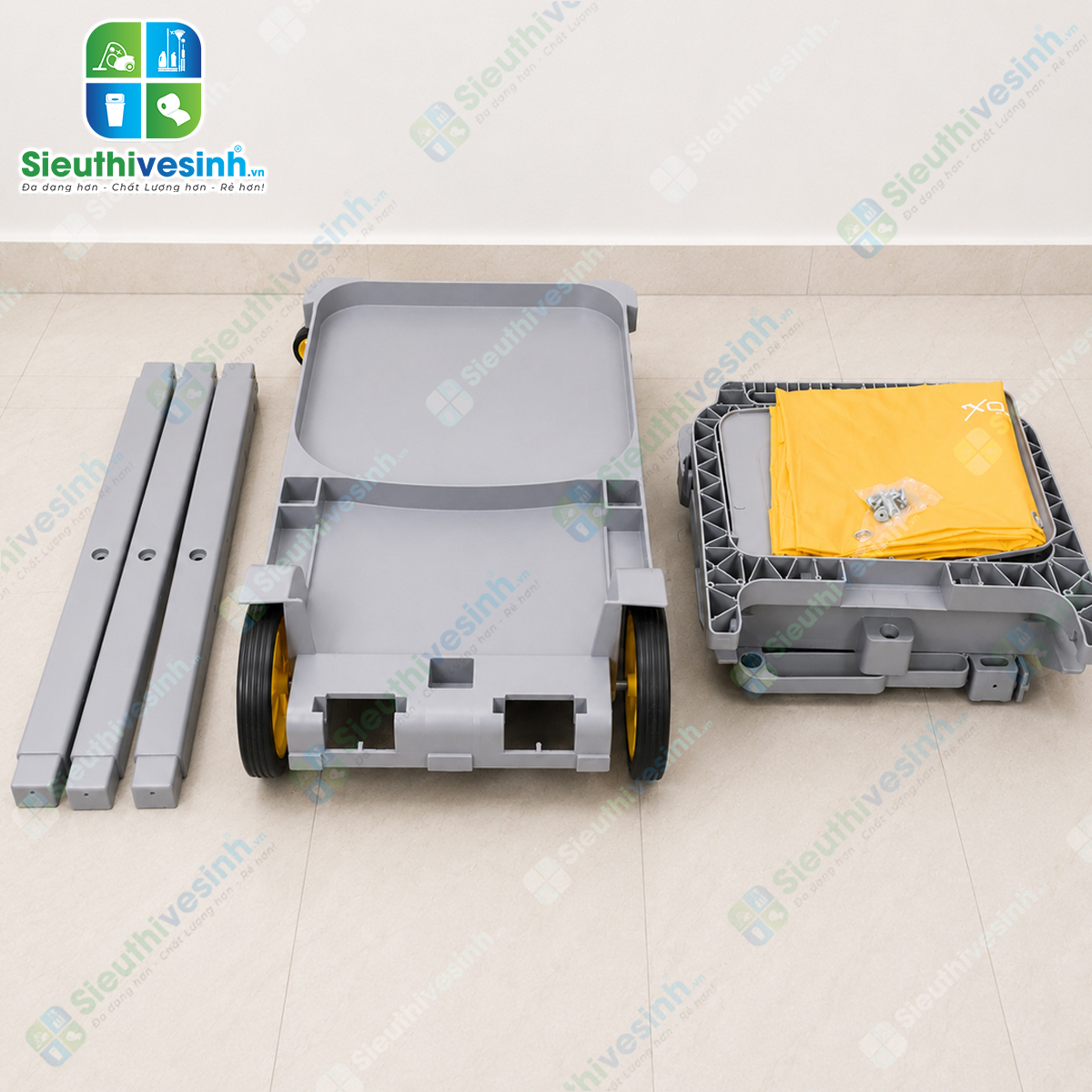 Xe đẩy dọn phòng khách sạn CLEPROX CX3B thiết kế 3 tầng, túi gom rác 68 lít có nắp đậy, giúp tối ưu công việc housekeeping chuyên nghiệp.