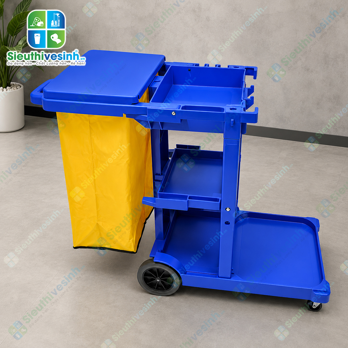 Xe đẩy dọn phòng khách sạn CLEPROX CX-73 thiết kế đa năng với nhiều ngăn chứa đồ và túi gom rác lớn, phù hợp cho công việc housekeeping chuyên nghiệp.
