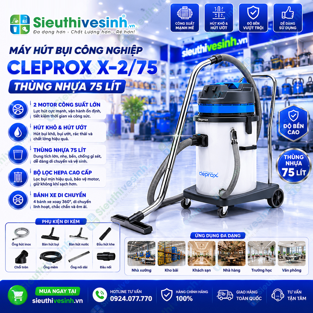 Máy hút bụi CleproX X-2/75 thùng nhựa 70L sở hữu công suất 3200W với khả năng hút bụi khô và hút nước mạnh mẽ, phù hợp cho môi trường vệ sinh công nghiệp.