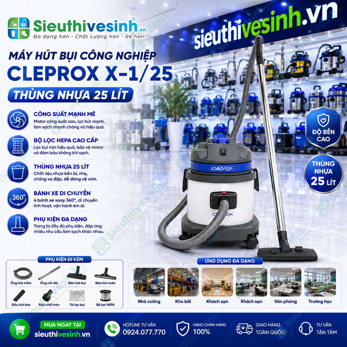 Máy hút bụi CleproX X-1/25 thùng nhựa dung tích 25 lít, công suất 1800W, phù hợp cho văn phòng, cửa hàng, khách sạn và công tác vệ sinh chuyên nghiệp.