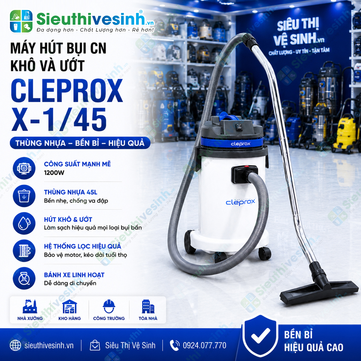 Máy hút bụi CleproX X-1/45 thùng nhựa dung tích 30 lít, công suất 1800W, chuyên dùng cho vệ sinh công nghiệp, hút bụi khô và hút nước hiệu quả.