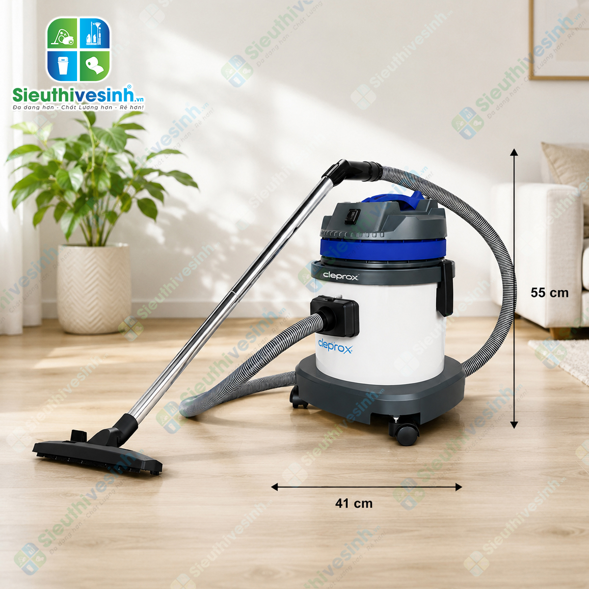 Máy hút bụi CleproX X-1/25 thùng nhựa dung tích 25 lít, công suất 1800W, phù hợp cho văn phòng, cửa hàng, khách sạn và công tác vệ sinh chuyên nghiệp.
