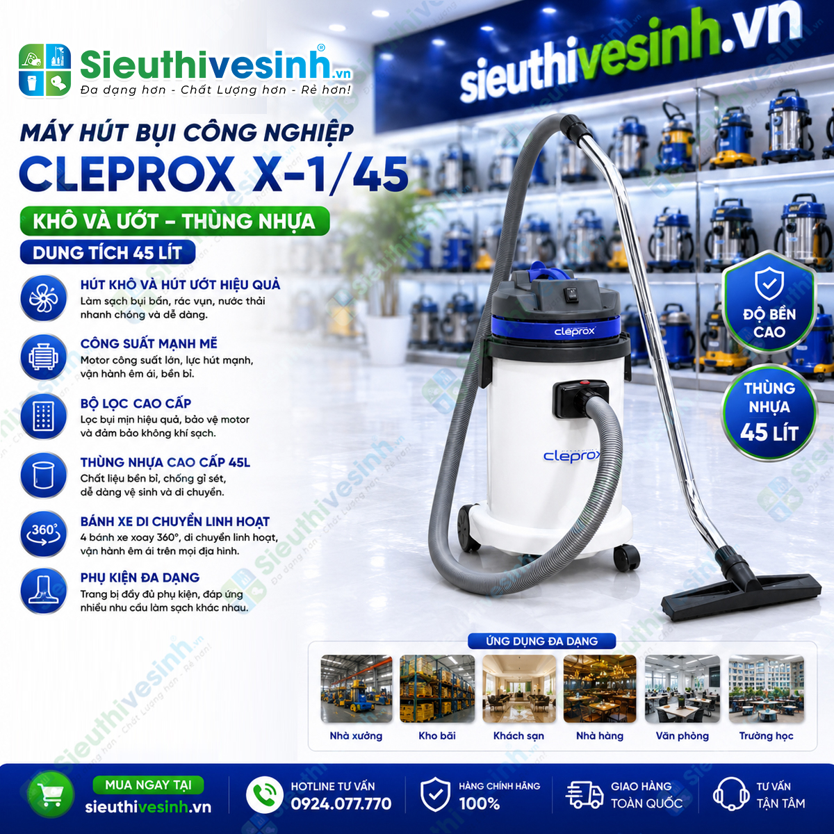 Máy hút bụi CleproX X-1/45 thùng nhựa dung tích 30 lít, công suất 1800W, chuyên dùng cho vệ sinh công nghiệp, hút bụi khô và hút nước hiệu quả.