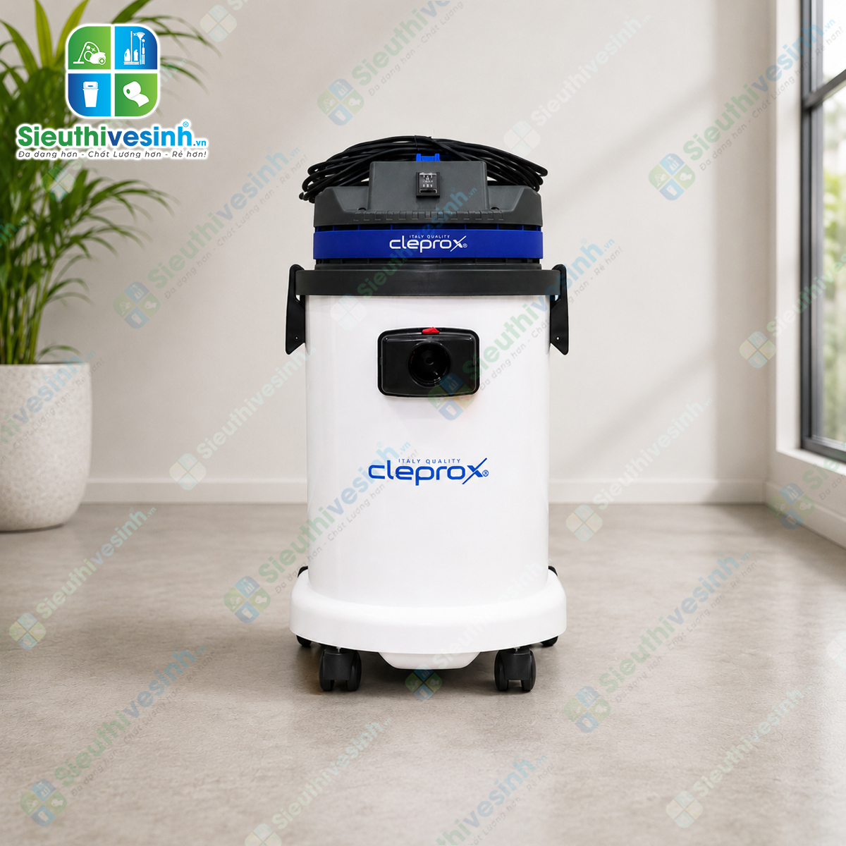 Máy hút bụi CleproX X-1/45 thùng nhựa dung tích 30 lít, công suất 1800W, chuyên dùng cho vệ sinh công nghiệp, hút bụi khô và hút nước hiệu quả.