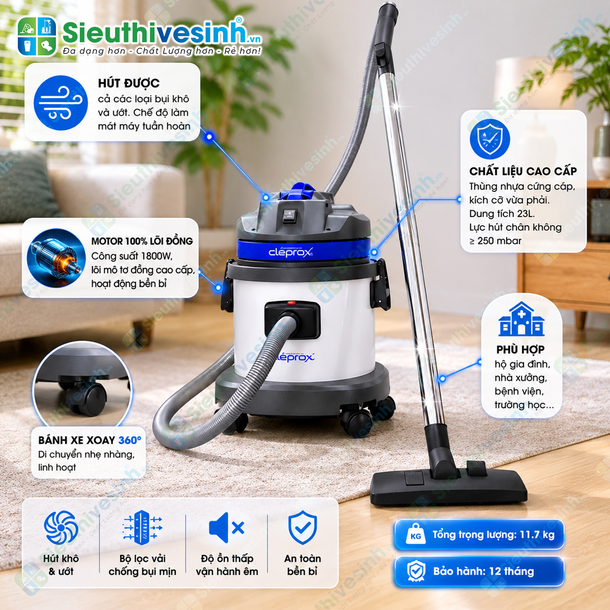 Máy hút bụi CleproX X-1/25 thùng nhựa dung tích 25 lít, công suất 1800W, phù hợp cho văn phòng, cửa hàng, khách sạn và công tác vệ sinh chuyên nghiệp.