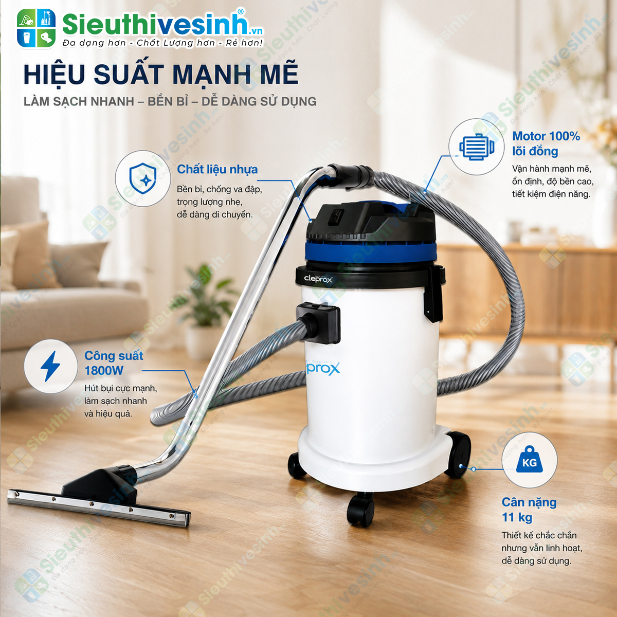 Máy hút bụi CleproX X-1/45 thùng nhựa dung tích 30 lít, công suất 1800W, chuyên dùng cho vệ sinh công nghiệp, hút bụi khô và hút nước hiệu quả.
