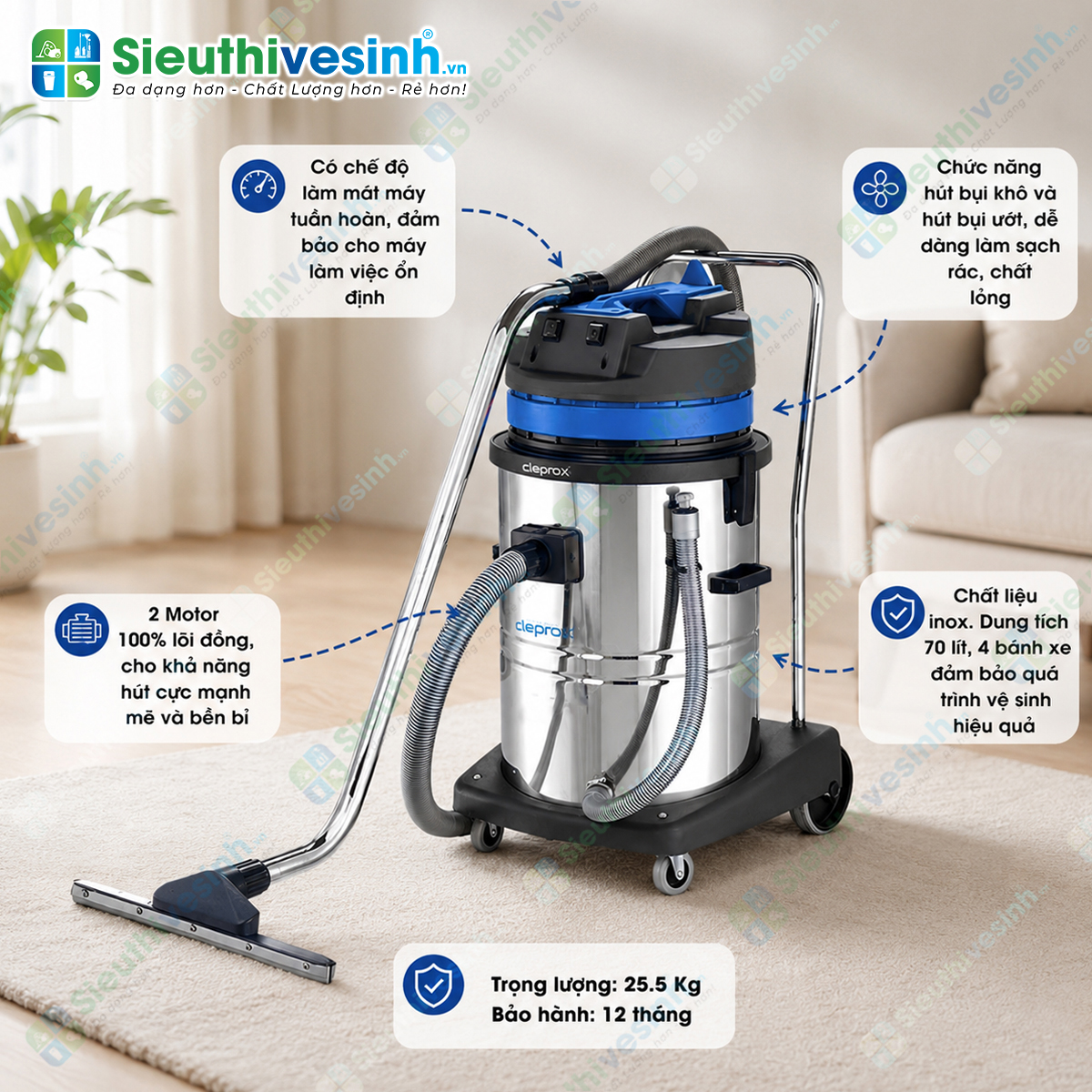 Máy hút bụi CleproX X-2/75 thùng inox 70L sở hữu công suất 3200W với khả năng hút bụi khô và hút nước mạnh mẽ, phù hợp cho môi trường vệ sinh công nghiệp.