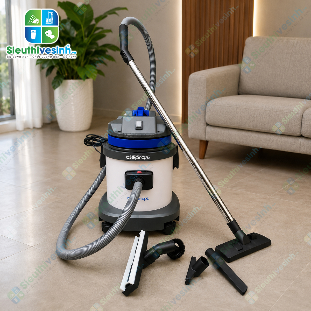 Máy hút bụi CleproX X-1/25 thùng nhựa dung tích 25 lít, công suất 1800W, phù hợp cho văn phòng, cửa hàng, khách sạn và công tác vệ sinh chuyên nghiệp.