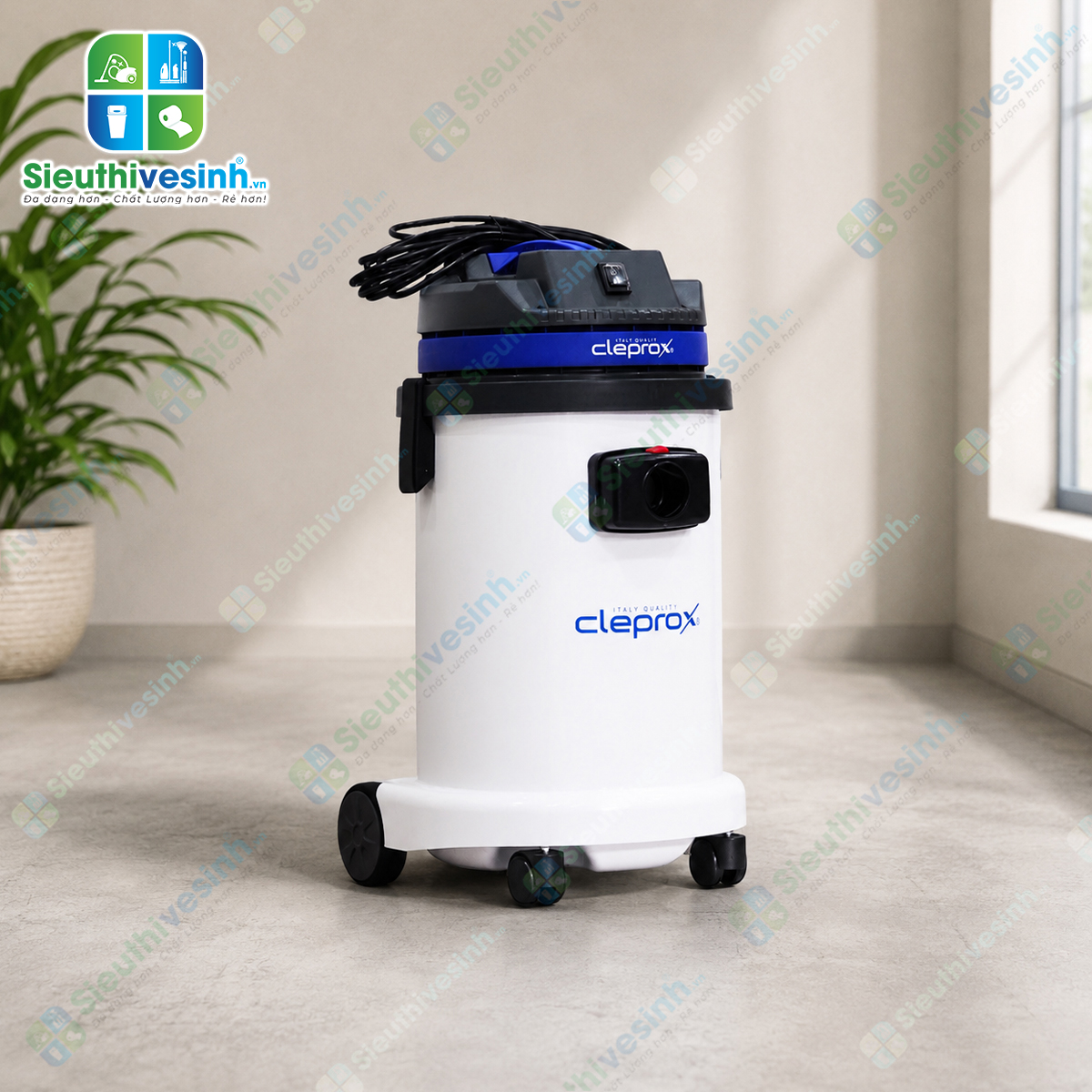 Máy hút bụi CleproX X-1/45 thùng nhựa dung tích 30 lít, công suất 1800W, chuyên dùng cho vệ sinh công nghiệp, hút bụi khô và hút nước hiệu quả.