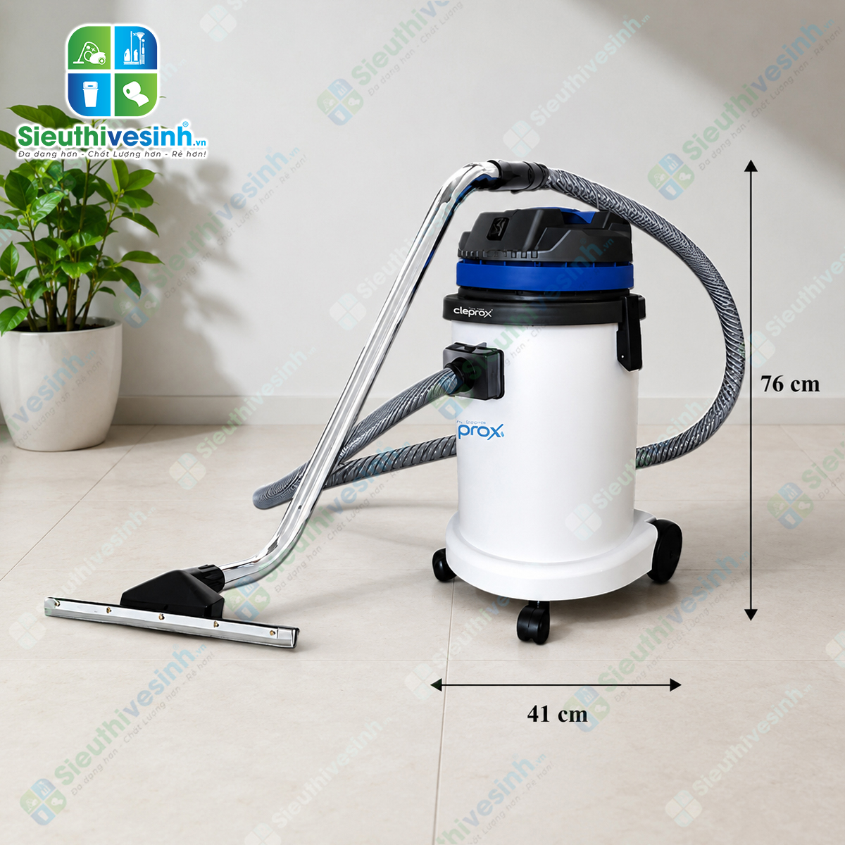 Máy hút bụi CleproX X-1/45 thùng nhựa dung tích 30 lít, công suất 1800W, chuyên dùng cho vệ sinh công nghiệp, hút bụi khô và hút nước hiệu quả.