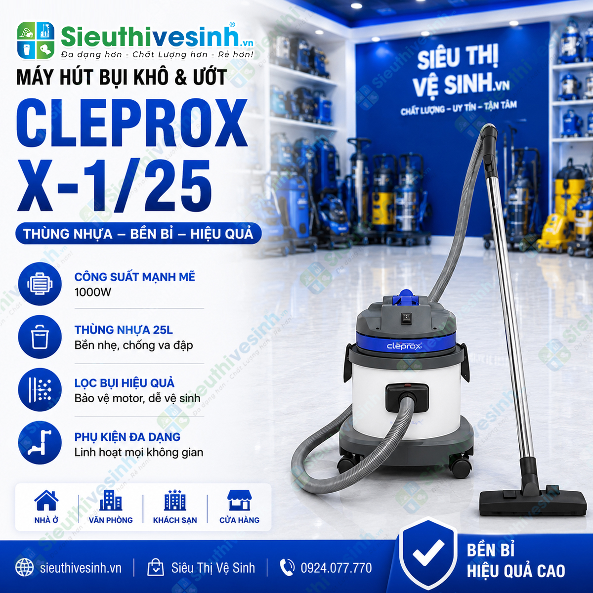 Máy hút bụi CleproX X-1/25 thùng nhựa dung tích 25 lít, công suất 1800W, phù hợp cho văn phòng, cửa hàng, khách sạn và công tác vệ sinh chuyên nghiệp.