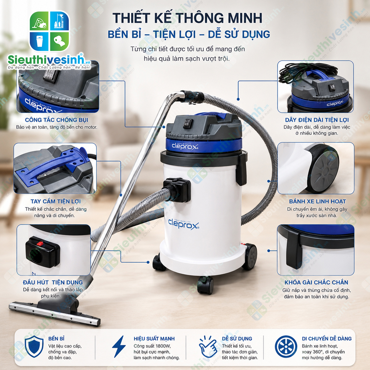 Máy hút bụi CleproX X-1/45 thùng nhựa dung tích 30 lít, công suất 1800W, chuyên dùng cho vệ sinh công nghiệp, hút bụi khô và hút nước hiệu quả.