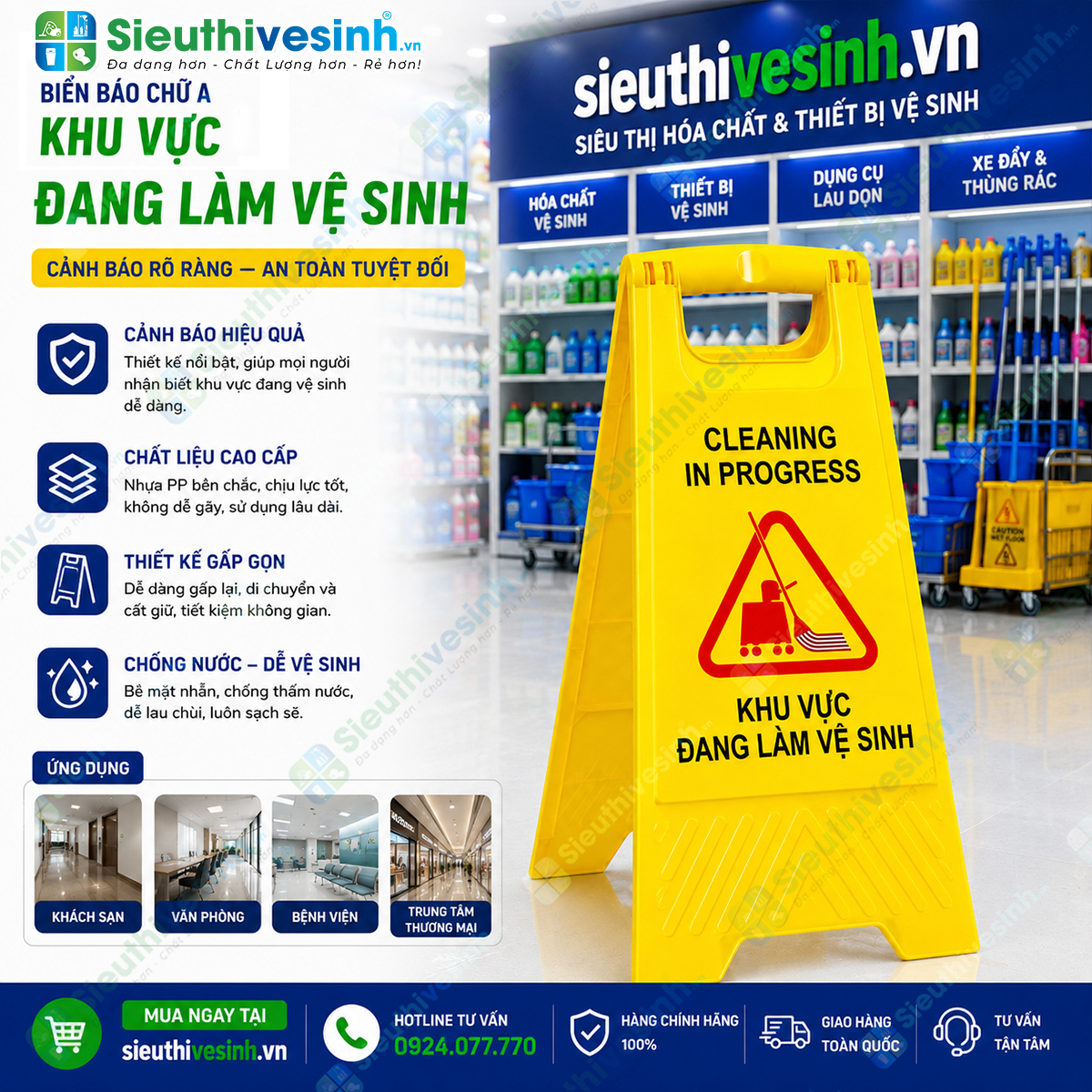 Biển báo chữ A "Khu vực đang làm vệ sinh" giúp cảnh báo khu vực đang lau dọn, hạn chế người qua lại và đảm bảo an toàn trong quá trình vệ sinh.