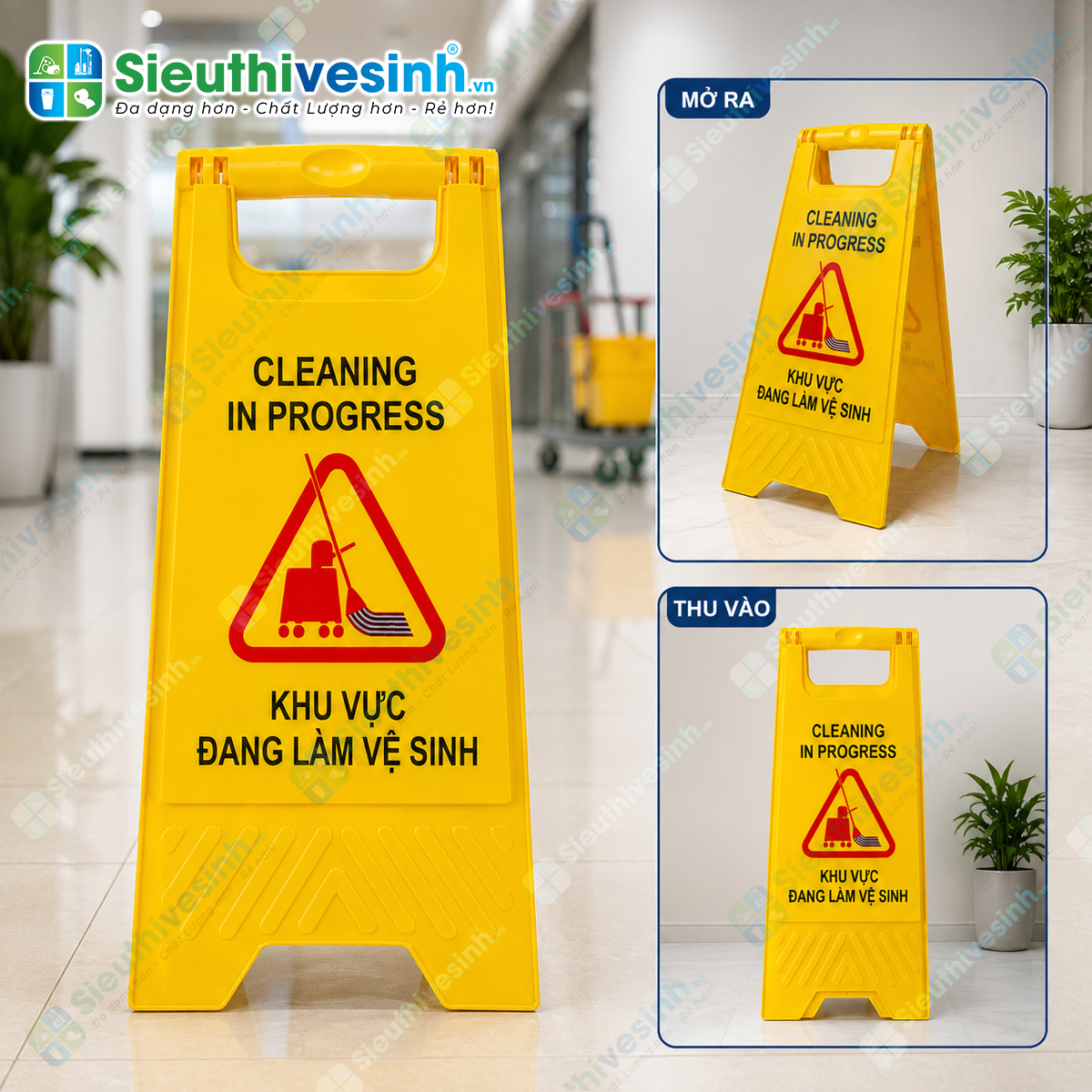 Biển báo chữ A "Khu vực đang làm vệ sinh" giúp cảnh báo khu vực đang lau dọn, hạn chế người qua lại và đảm bảo an toàn trong quá trình vệ sinh.
