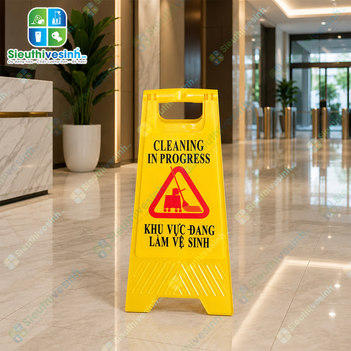 Biển báo chữ A "Khu vực đang làm vệ sinh" giúp cảnh báo khu vực đang lau dọn, hạn chế người qua lại và đảm bảo an toàn trong quá trình vệ sinh.
