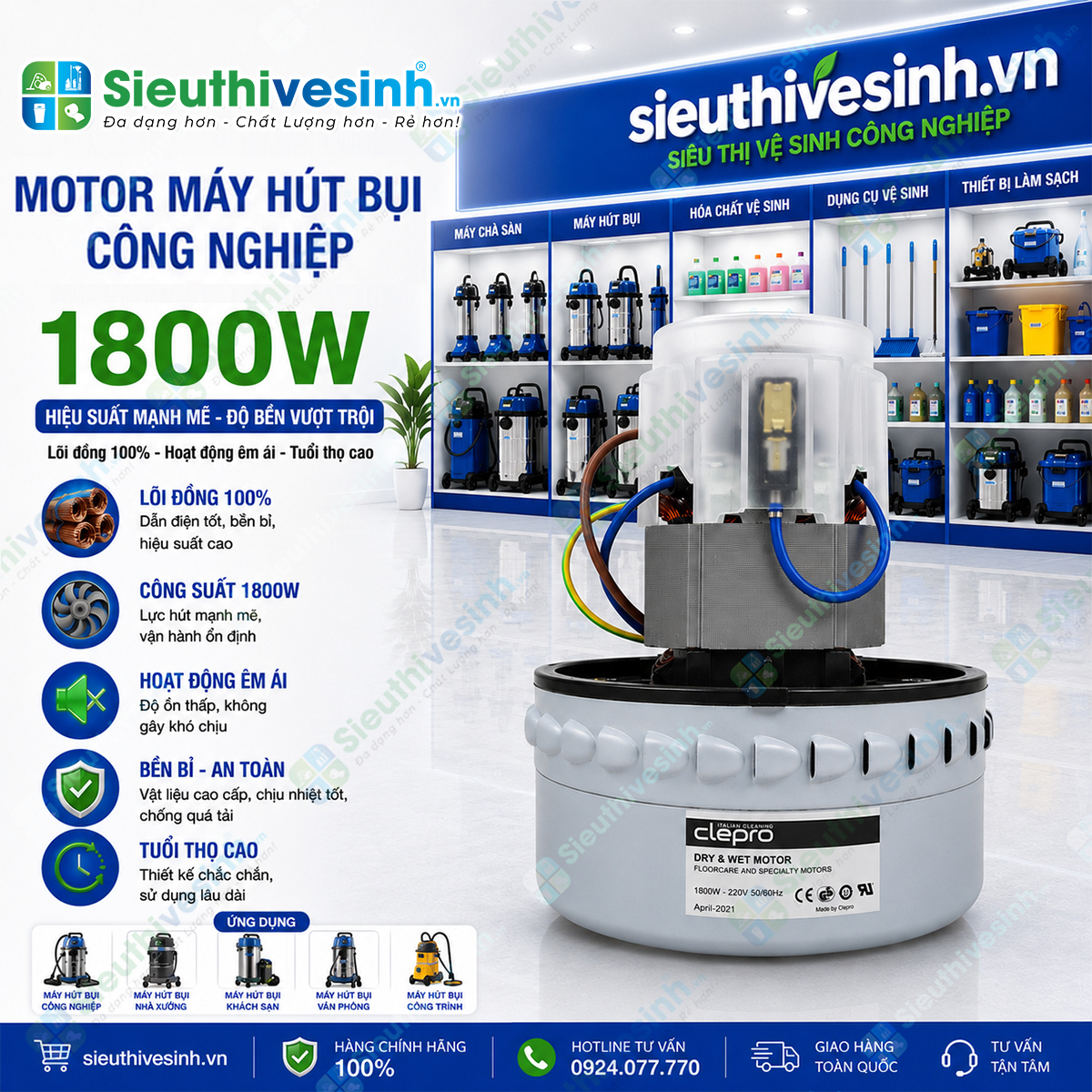 Motor máy hút bụi công nghiệp Clepro 1800W chính hãng sử dụng 100% lõi đồng, lực hút mạnh, hoạt động ổn định và bền bỉ.