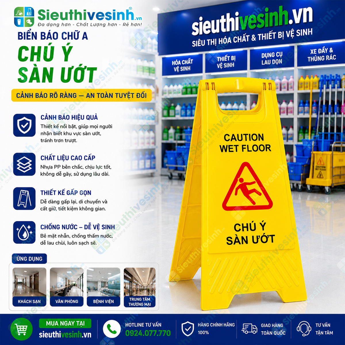 Biển báo chú ý sàn ướt chữ A song ngữ Anh - Việt giúp cảnh báo khu vực trơn trượt, đảm bảo an toàn cho người đi lại tại các khu vực công cộng.