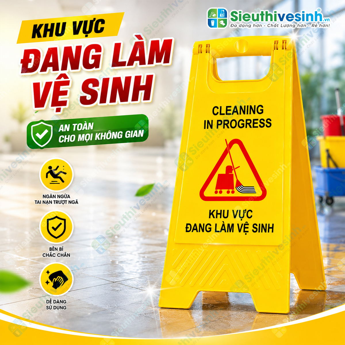 Biển báo chữ A "Khu vực đang làm vệ sinh" giúp cảnh báo khu vực đang lau dọn, hạn chế người qua lại và đảm bảo an toàn trong quá trình vệ sinh.