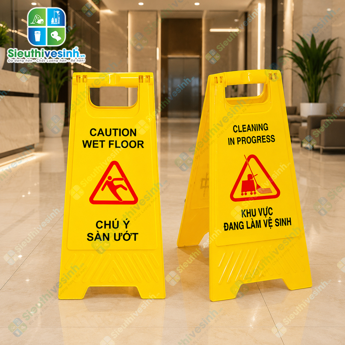 Biển báo chữ A "Khu vực đang làm vệ sinh" giúp cảnh báo khu vực đang lau dọn, hạn chế người qua lại và đảm bảo an toàn trong quá trình vệ sinh.