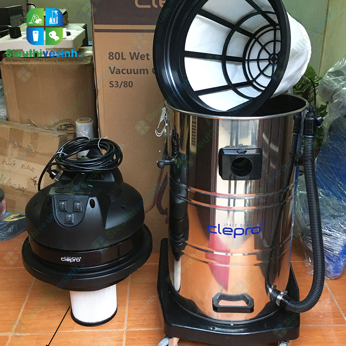 Máy hút bụi công nghiệp CLEPRO S3/80 (3 Motor) sở hữu lực hút mạnh, thùng chứa inox 80L và hệ thống lọc bụi hai tầng, phù hợp cho vệ sinh công nghiệp.