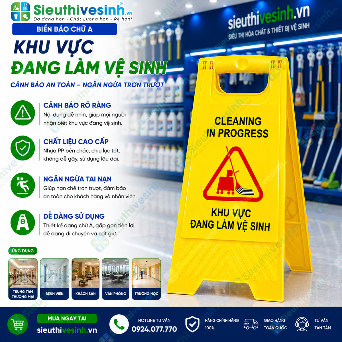 Biển báo chữ A "Khu vực đang làm vệ sinh" giúp cảnh báo khu vực đang lau dọn, hạn chế người qua lại và đảm bảo an toàn trong quá trình vệ sinh.
