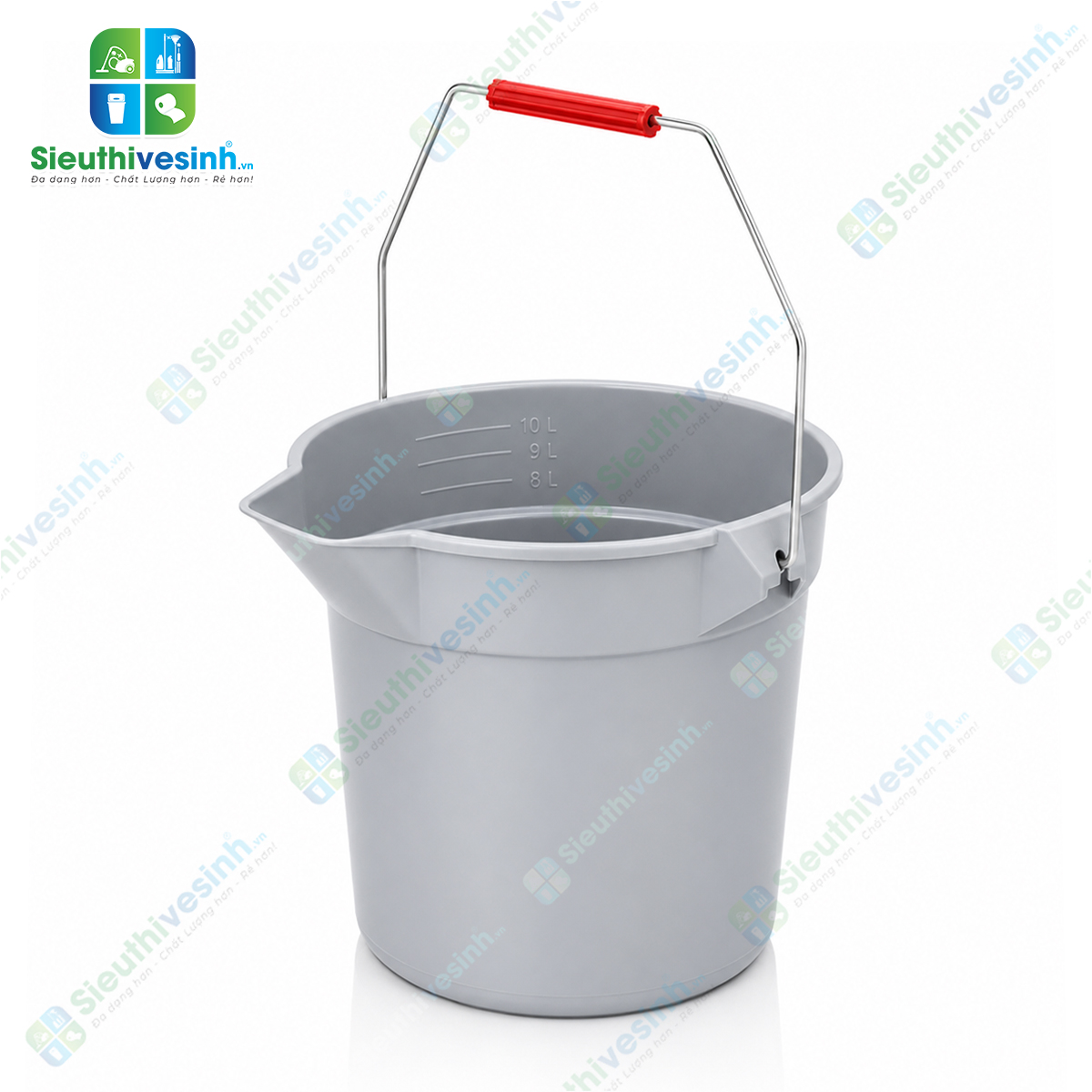 Xô nhựa 10L có miệng rót và vạch chia dung tích giúp pha hóa chất, đựng nước và vệ sinh hiệu quả. Sản phẩm giao ngẫu nhiên mẫu tay cầm màu đỏ hoặc màu đen tùy từng lô hàng.